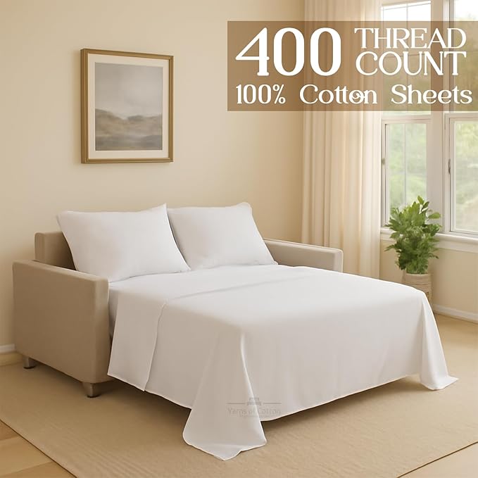 Sleeper Sofa Bed Sheet, 100% Cotton 400 Thread Count, 4 Piece Set, Deep Pocket