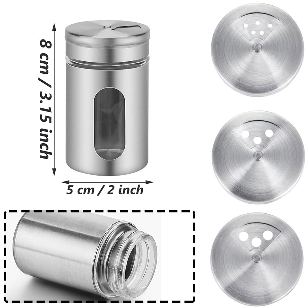 Aiareozy 6 Pack Salt and Pepper Shakers, 80ml Spice Jars with Shaker lids, Salt Shakers Glass with Adjustable Pour Holes, Stainless Steel Seasoning Containers, Spice Bottles Glass for Kitchen