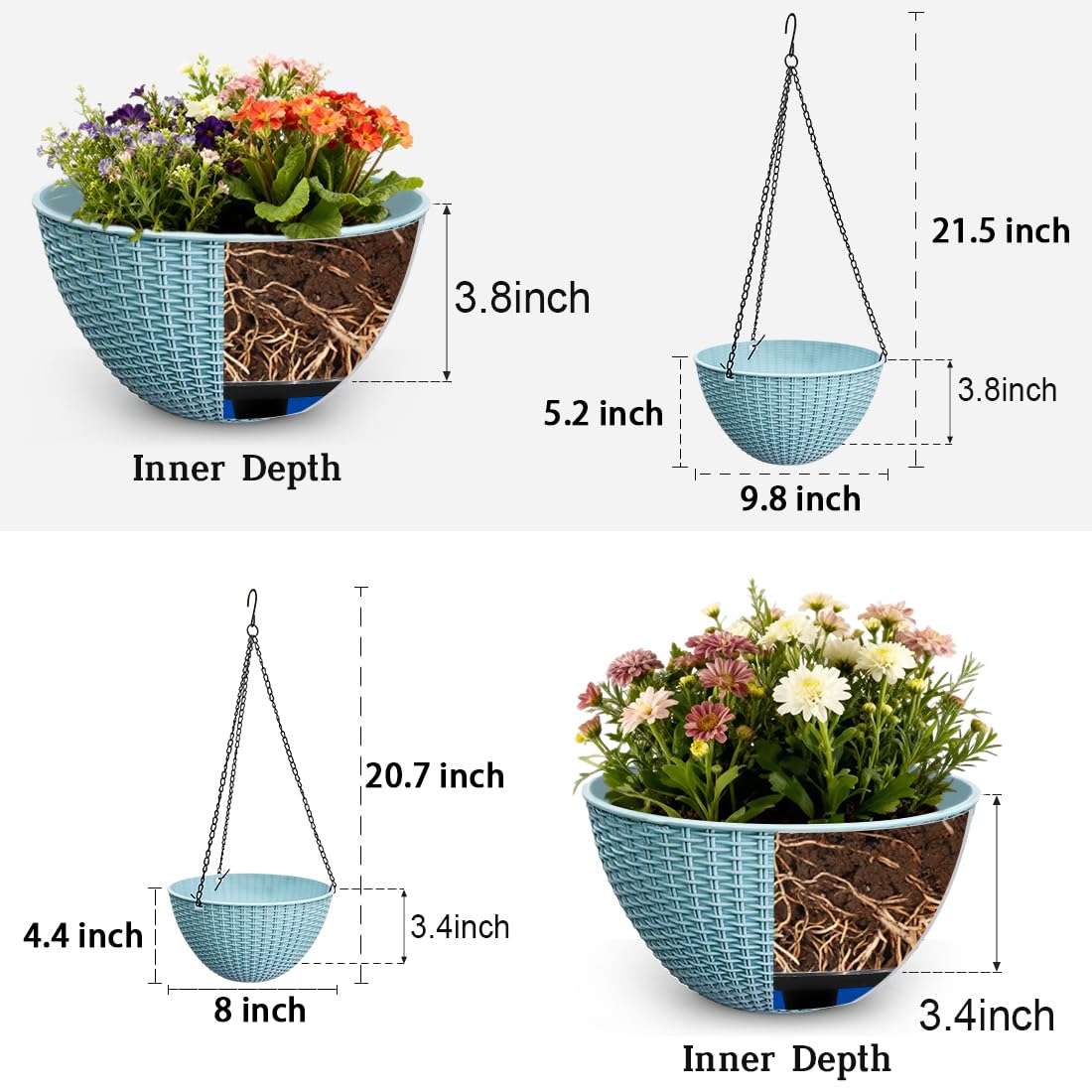 RooTrimmer Hanging Planters for Outdoor Plants 8/10 Inch, 4 Packs Hanging Flower Pot Indoor with Drainage Holes, Self-Watering Hanging Basket Perfect for Home, Office and Garden (Sky Blue)