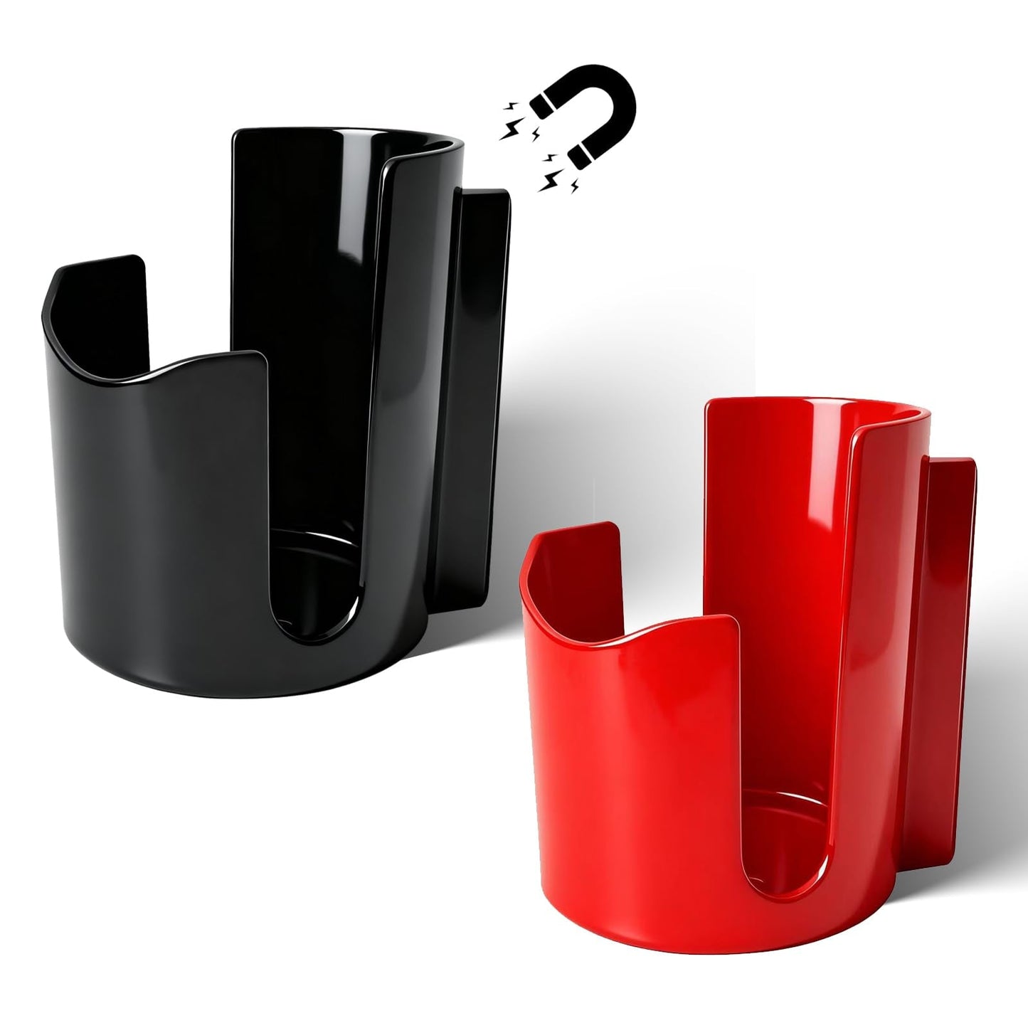 CREAWEA 2PCS Magnetic Cup Holder/Caddy, Black and Red, Strong Magnet Organizer for Fridge, Cabinet & Vehicle - Holds Cups, Cans and Bottles