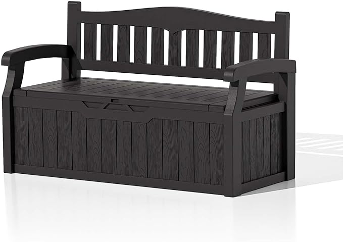 Patiowell 75 Gallon Plastic Storage Bench, Water-Resistant Deck Box for Patio Furniture, Garden Tools, Pool Storage and Outdoor Cushions, Black