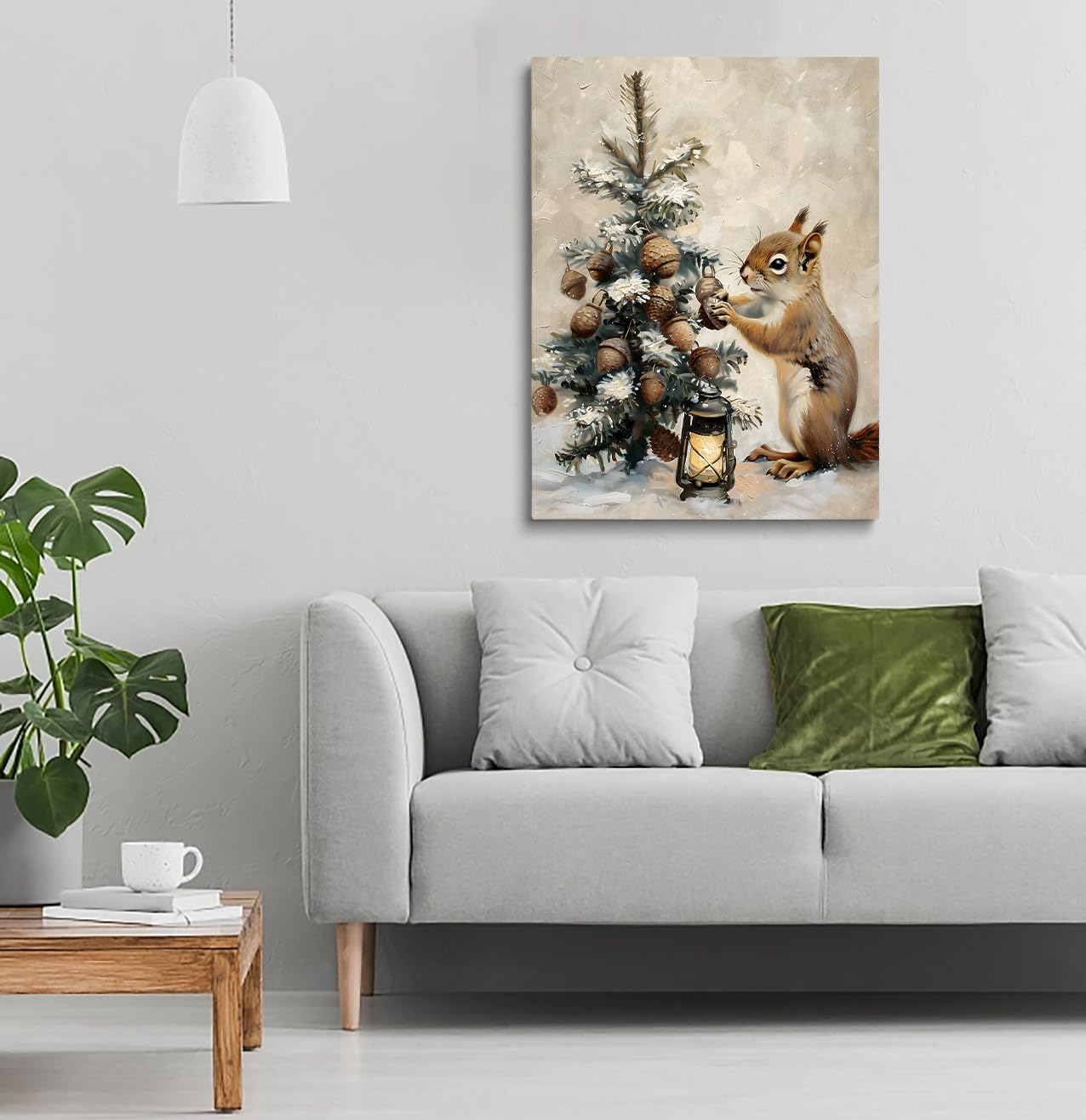 Tree Decor Winter Wall Art, Winter Squirrel Print, Snowy Pine Tree, Rustic Lantern, Acorn Ornaments, Holiday Scene Art, Woodland Christmas,Christmas Rustic Farmhouse Decor 16x24inch Unframed