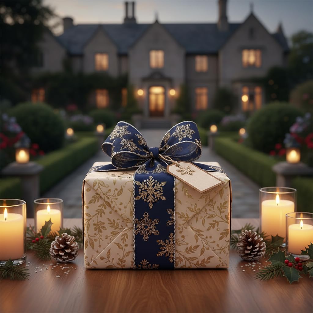 CT CRAFT LLC Navy Satin Gold Snowflake Wired Ribbon 2.5 Inch x 10 Yards for Christmas Home Decor Tree Topper Bow Gift Wrapping DIY Crafts Wreath Garland