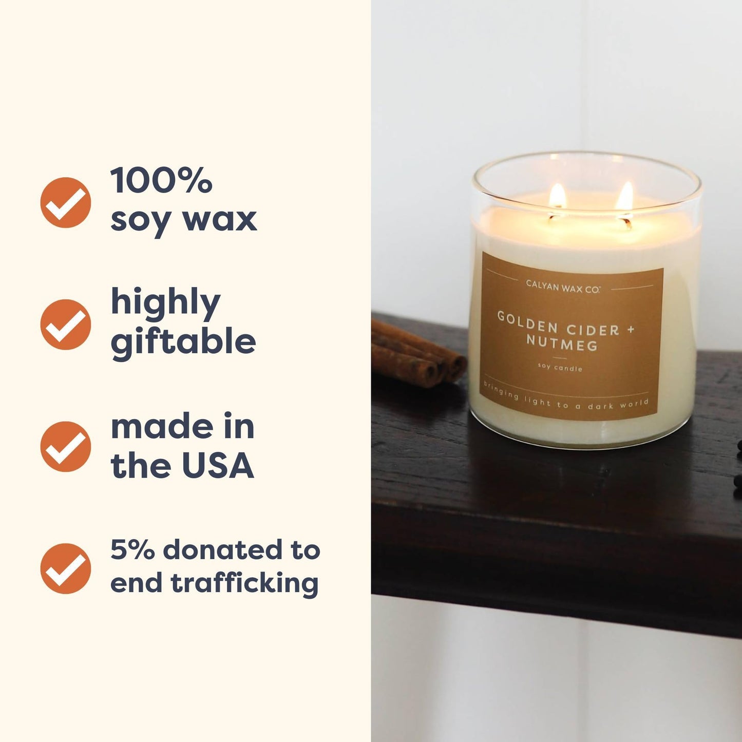 Calyan Wax Co. Golden Cider & Nutmeg 2 Wick Scented Candle - 37 Hour Burn - Luxury Clean Soy Wax Candles - Long Lasting Large Glass Jar Candle for Home - 8.8oz