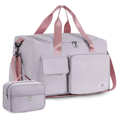FIORETTO Women's Gym Duffle Bag with Shoes Compartment, 30L Capacity, Ideal for Travel, Gym, Sports, Duffel, Weekender, with Toiletry Bag, Grey & Pink