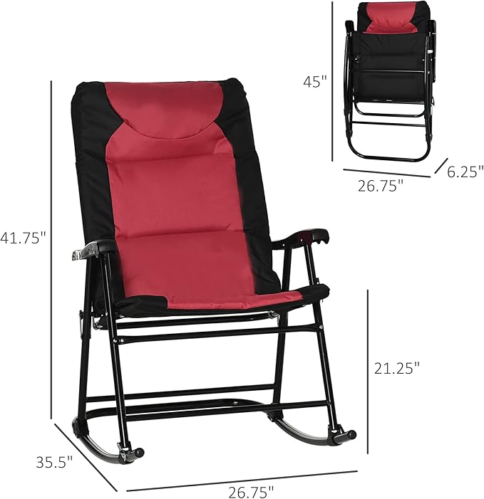 Outsunny Oversized Folding Rocking Camping Chair Set of 2, Padded Outdoor Rockers with High Back and Armrests, Portable Outdoor Patio Chairs with Steel Frame for Garden, Porch, Lawn, Red