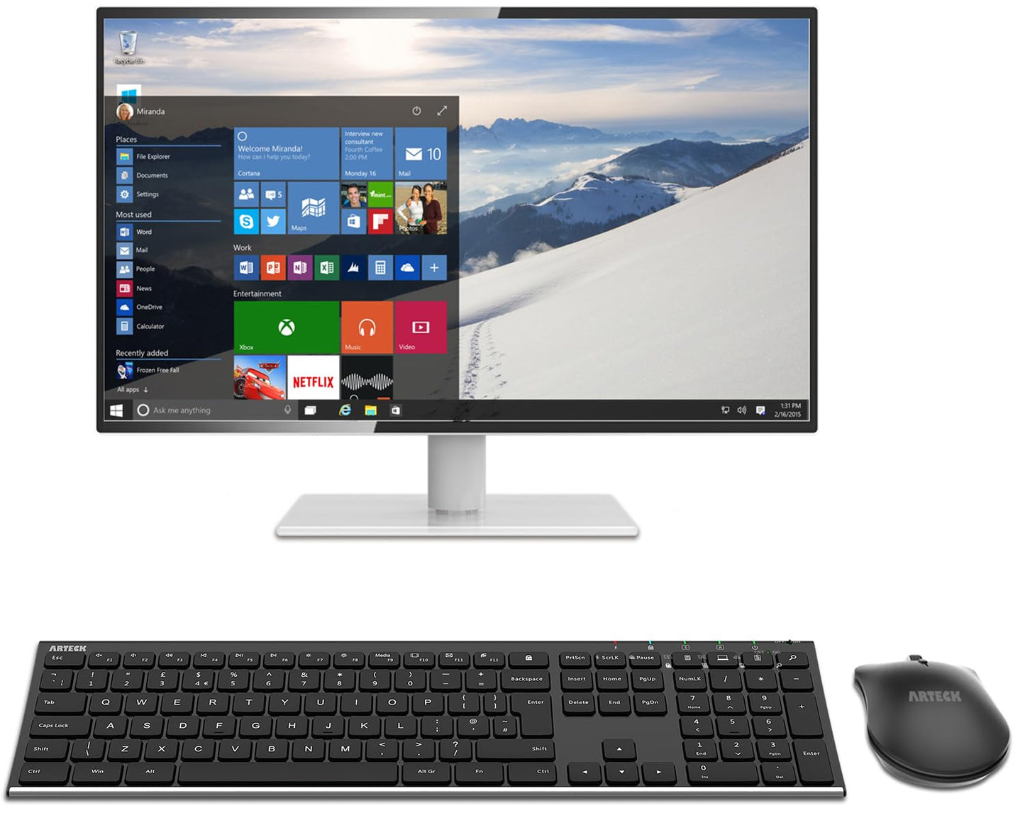 Arteck 2.4G Wireless Keyboard and Mouse Combo Stainless Steel Ultra Slim Full Size Keyboard and Ergonomic Mice for Computer Desktop PC Laptop and Windows 10/8/7 Build in Rechargeable Battery