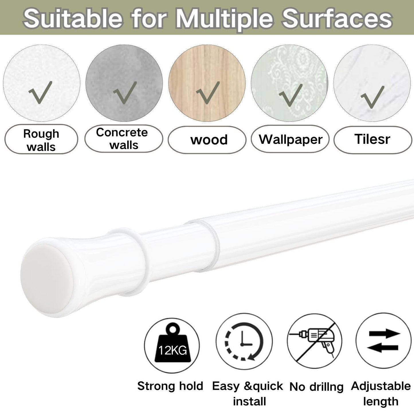Extendable Curtain Pole Telescopic Spring Tension Rod Heavy Duty Room Divider No Drilling Curtain Rod Adjustable Pole for Wardrobe Window,Shower,Bedroom,Doorway