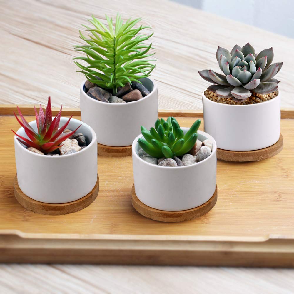 ZOUTOG Succulent Pots, White Mini 3.15 inch Ceramic Flower Planter Pot with Bamboo Tray, 6 inch Ceramic Planters for Indoor Plants, Plants Not Included