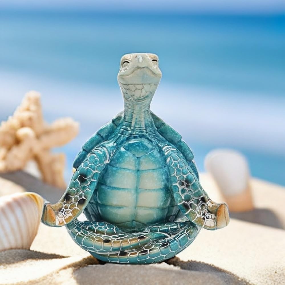 VVGIFTS Sea Turtle Meditation Yoga Decor, Garden Figurine Sea Turtle Meditating Coastal Beach Decorations, Zen Yoga Resin Statue for Home Office Decorations (Put the Palm Separate)