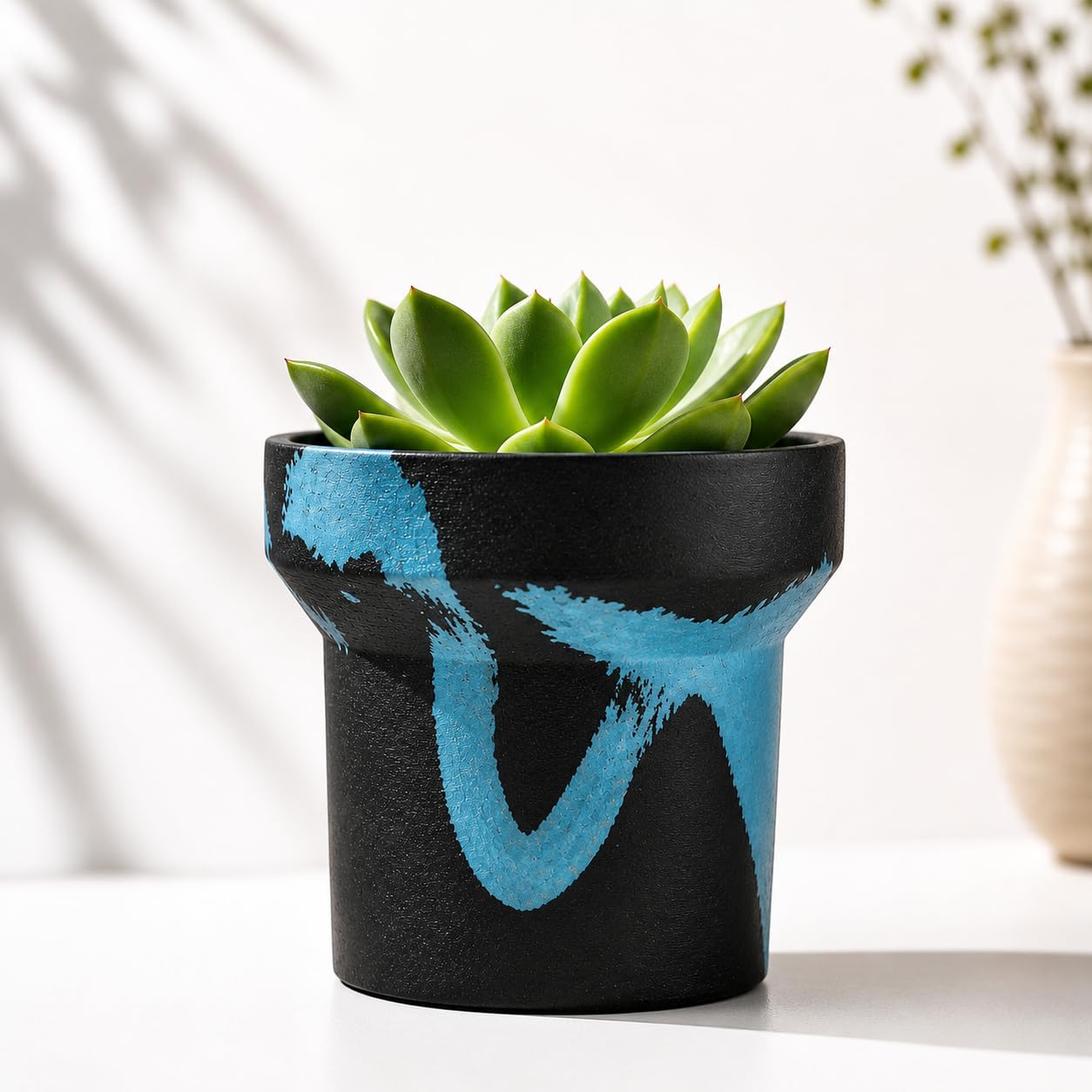 ONE ART Modern Planter Pot, Stone & Recycled Ocean Plastic, Frost Proof Indoor Outdoor Plant Pot for Succulents Flowers Herbs, Unique Hand-Finished Pattern, Lightweight Minimalist Decor (Small)