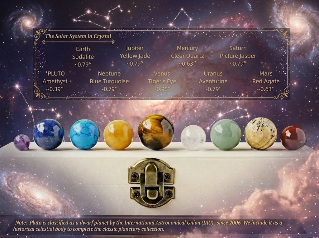 Solar System Crystal Collection - 9 Planets Gemstone Set & Planetary Booklet – Elegant Space Decor & Unique Gifts for Women & Crystal Enthusiasts