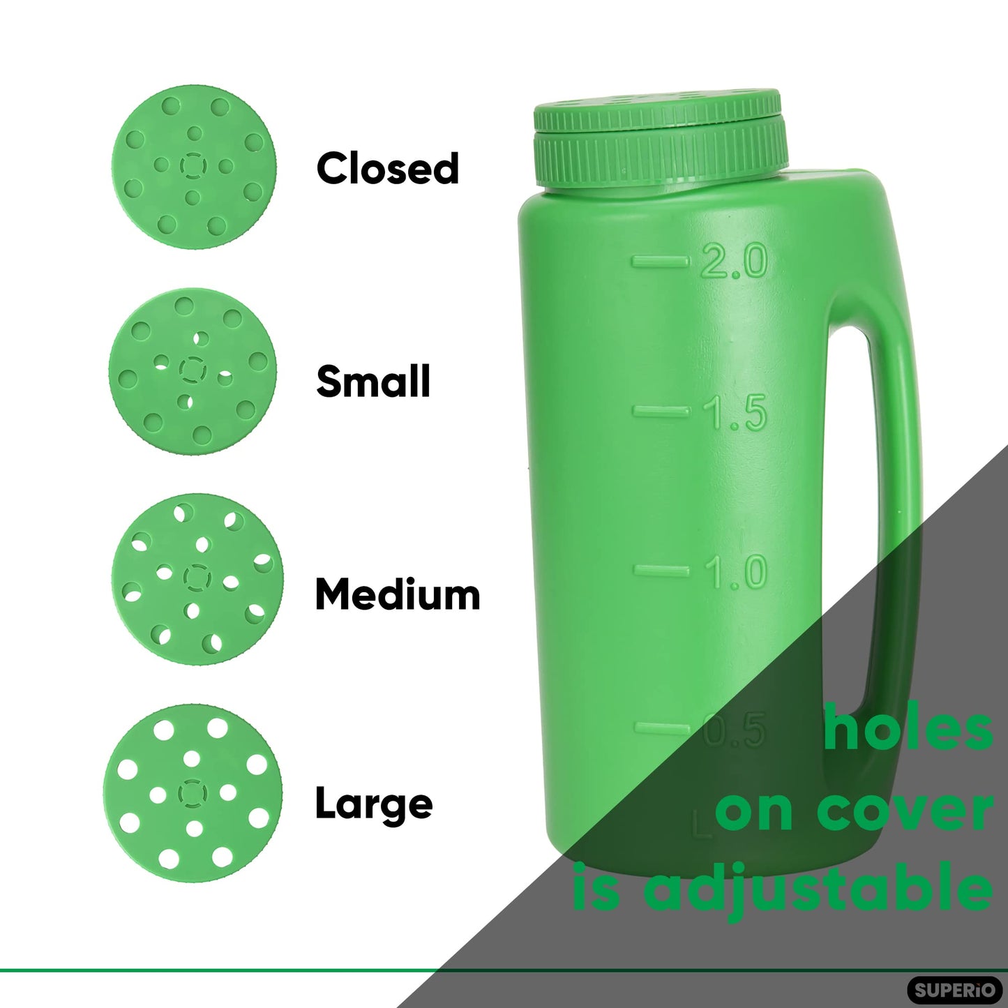 Superio Seed Spreader for Lawn, 2L Handheld Shaker, Dispenser for, Seed, Snow and Ice Melt, Salt, Insect Repellents- Multipurpose Garden Applicator with Adjustable Holes, 68 Oz