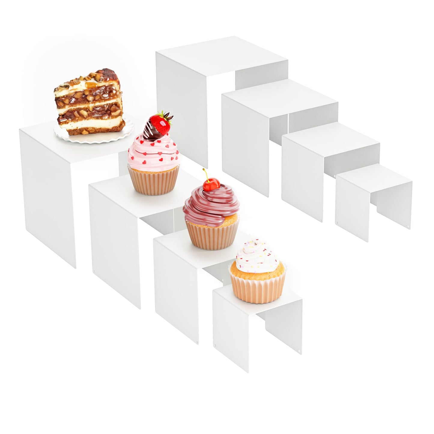 NEETBU Matte Metal Display Stand, 8 Pcs 2 Set Display Risers for Display, Metal Rectangular Display Shelf Holders for Showcase, Dessert, Perfume, Vendor Events, Cupcake Stands, Toys Display Shelves ( White, 3''x4''x5"x6" )