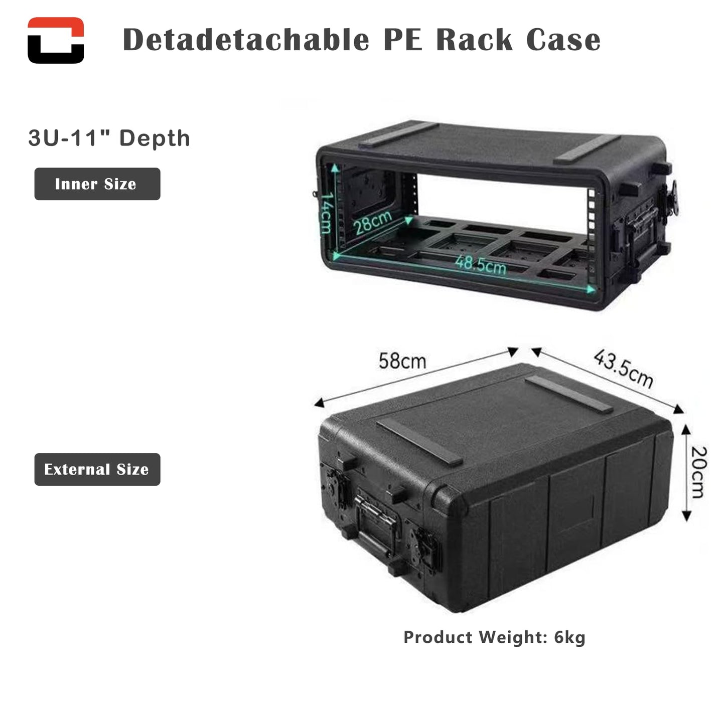 Crossrock 3U Rack Case 11" | Wireless Mic & IEM System Case, Adjustable Rails 6.3"–10.2", Watertight PE (CRA9803U-280S)