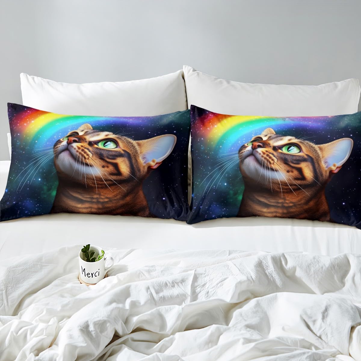 Erosebridal Galaxy Cat Fitted Sheet Twin Size, Rainbow Cat Bedding Set for Kids Children Girls Boys, Animal Themed Bed Cover, Fashion Starry Sky Decoration 2 Pcs Bedding Decor Set with 1 Pillowcase