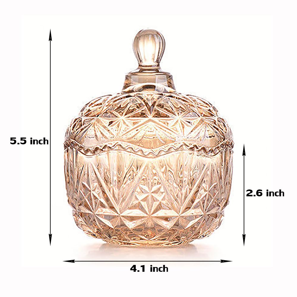 EWEIGEER Amber Crystal Glass Candy Snack Jar Fall Candy Dish Embossed Luxury Cookie Buffet Canister With Lid Jewelry Box