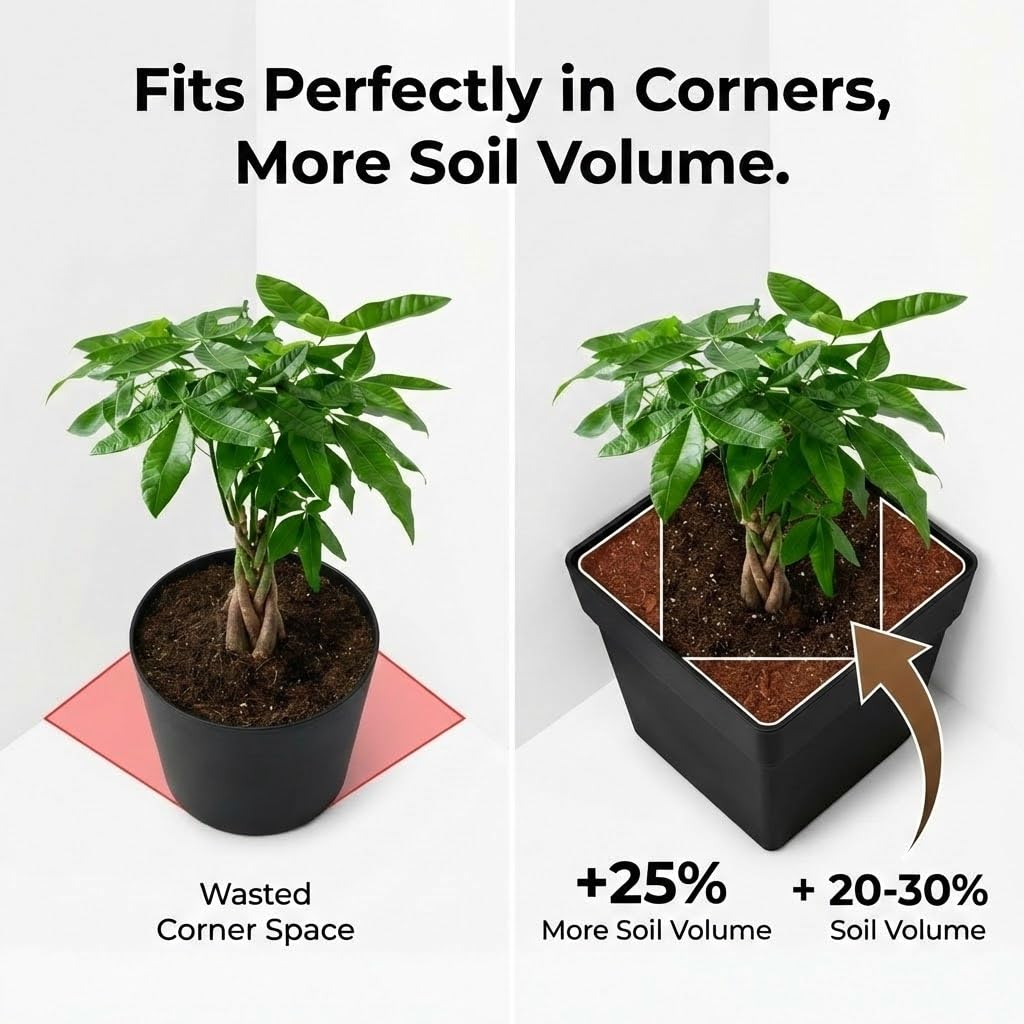 RooTrimmer 6-Pack 7'' Square Planters with Built-in Drainage Tray – Heavy-Duty Black Plastic Planter with Drainage Hole and Bottom Stopper, BPA-Free Plant Pots Matte Finish for Indoor Outdoor