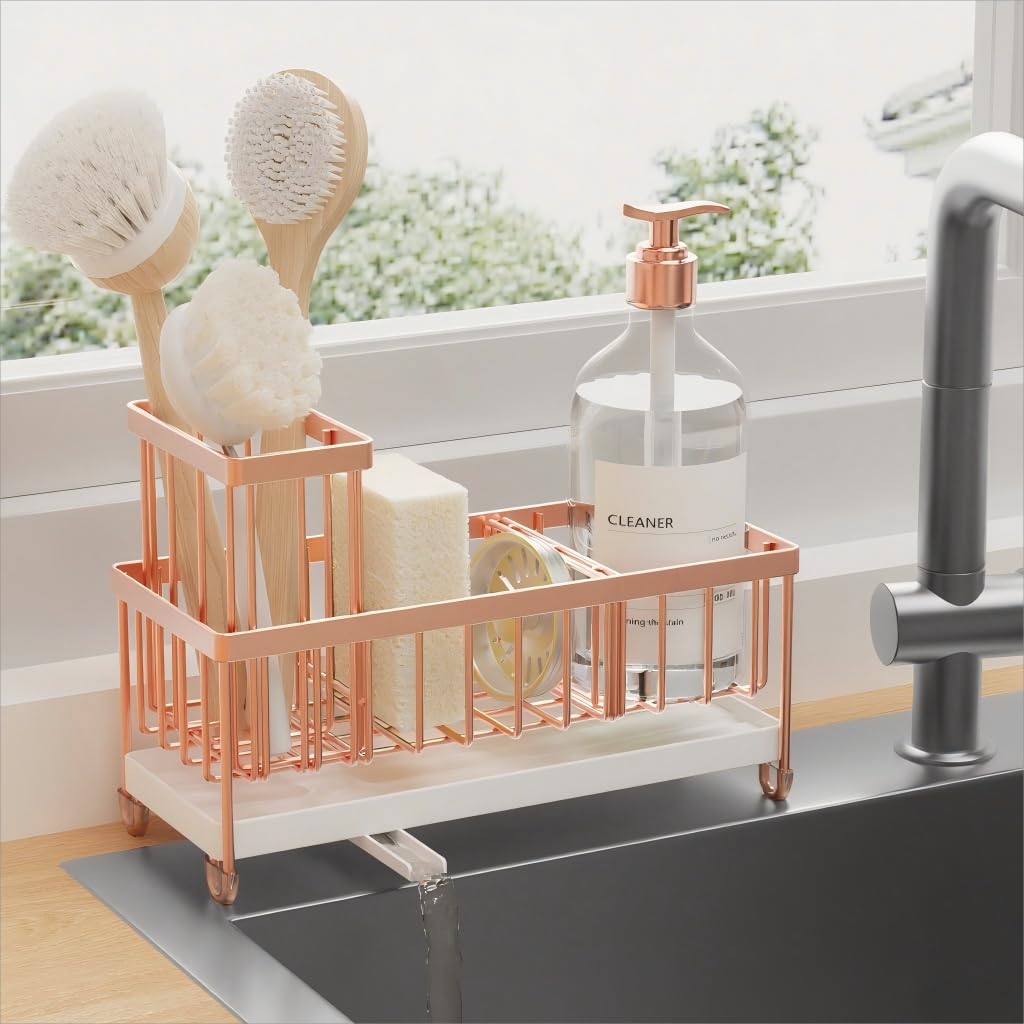 Cisily Black Sponge Holder for Kitchen Sink, Sink Caddy Organizer with High Brush Holder, Kitchen Countertop Organizers and Storage Essentials, Rustproof 304 Stainless Steel, Soap Dispenser Organize