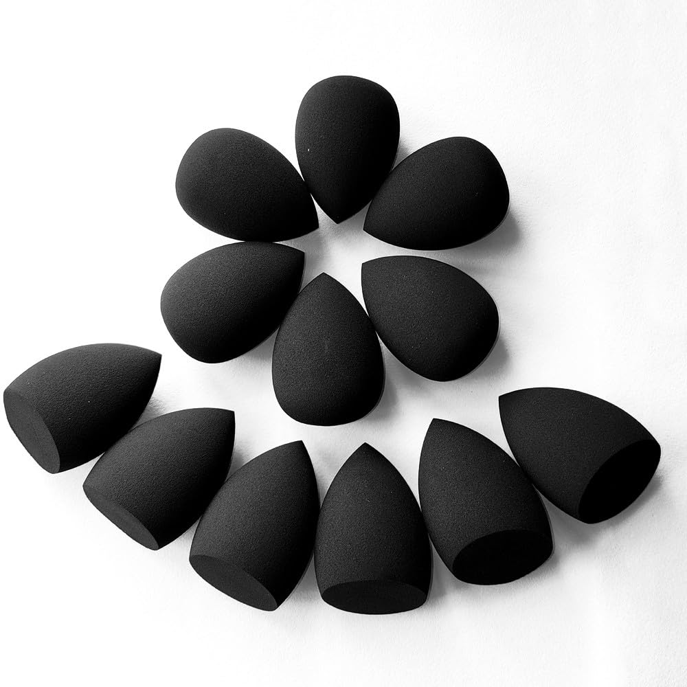 12 Pcs Black Makeup Sponges for Foundation Bulk Latex-Free Reusable big Beauty Sponge Blender Cosmetic Applicator For Powder Cream and Liquid Makeup Tools Set
