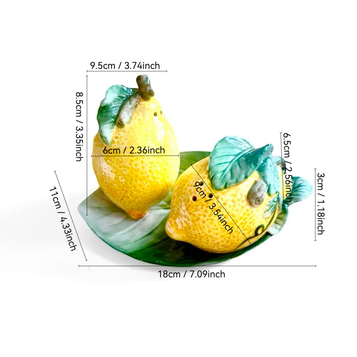 Pehost Ceramic Lemon Salt and Pepper Shaker Set with Tray, 3-Piece Kitchen Decor, Yellow and Green