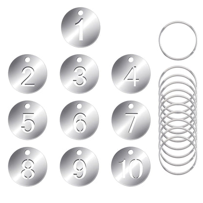CenterZ Number Tags, Polished Stainless Steel 1 to 10 Numbered Key Tags with 10pcs Metal Split Ring (0.91 inch Diameter 0.04 inch Thick, Lightweight Hollow Numbers Round Keys ID Tag, Key Chain Labels)