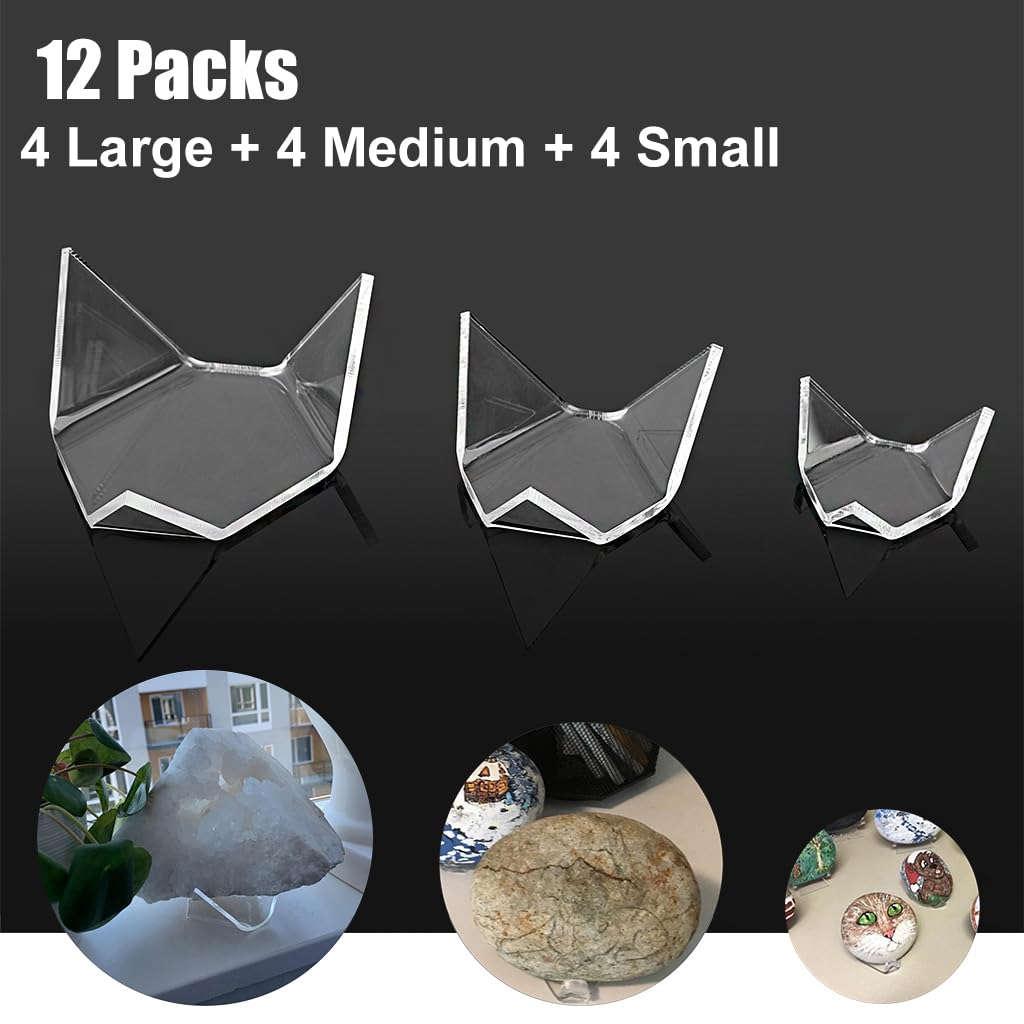 Hipiwe 12 Pcs Acrylic Triangle Display Holder - Display Easel Stands for Geodes Crystal Mineral Agate Fossil Coral, Clear Rock Display Stands for Small Collectibles, (Small+Medium+Large)