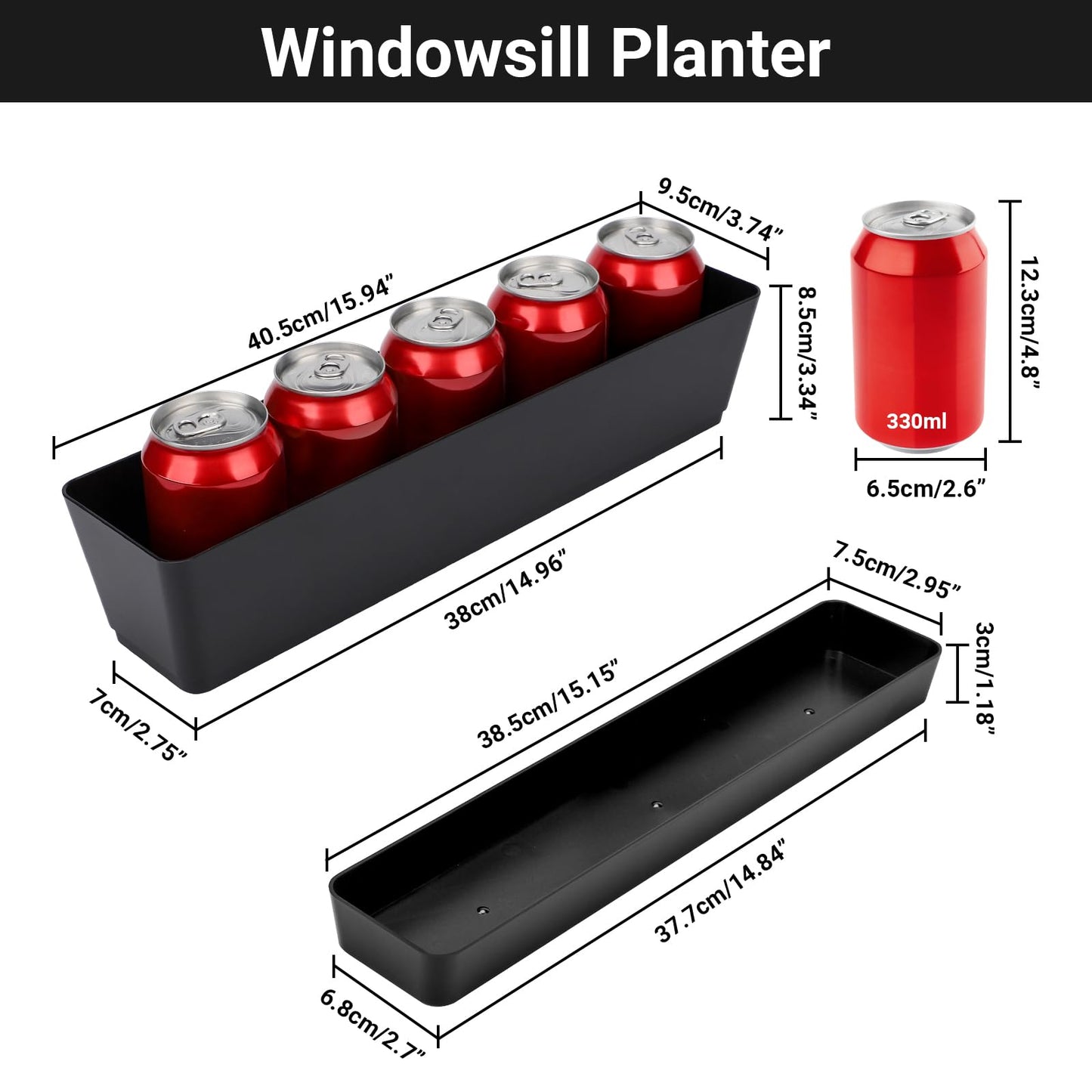 GREANER 3PCS 16x3.8 Inch Window Boxes Planters, Black Rectangle Planters Box with Drainage Holes and Trays, Herb Succulents Flowers Plastic Pot for Windowsill, Garden, Balcony, Indoor, Outdoor Decor
