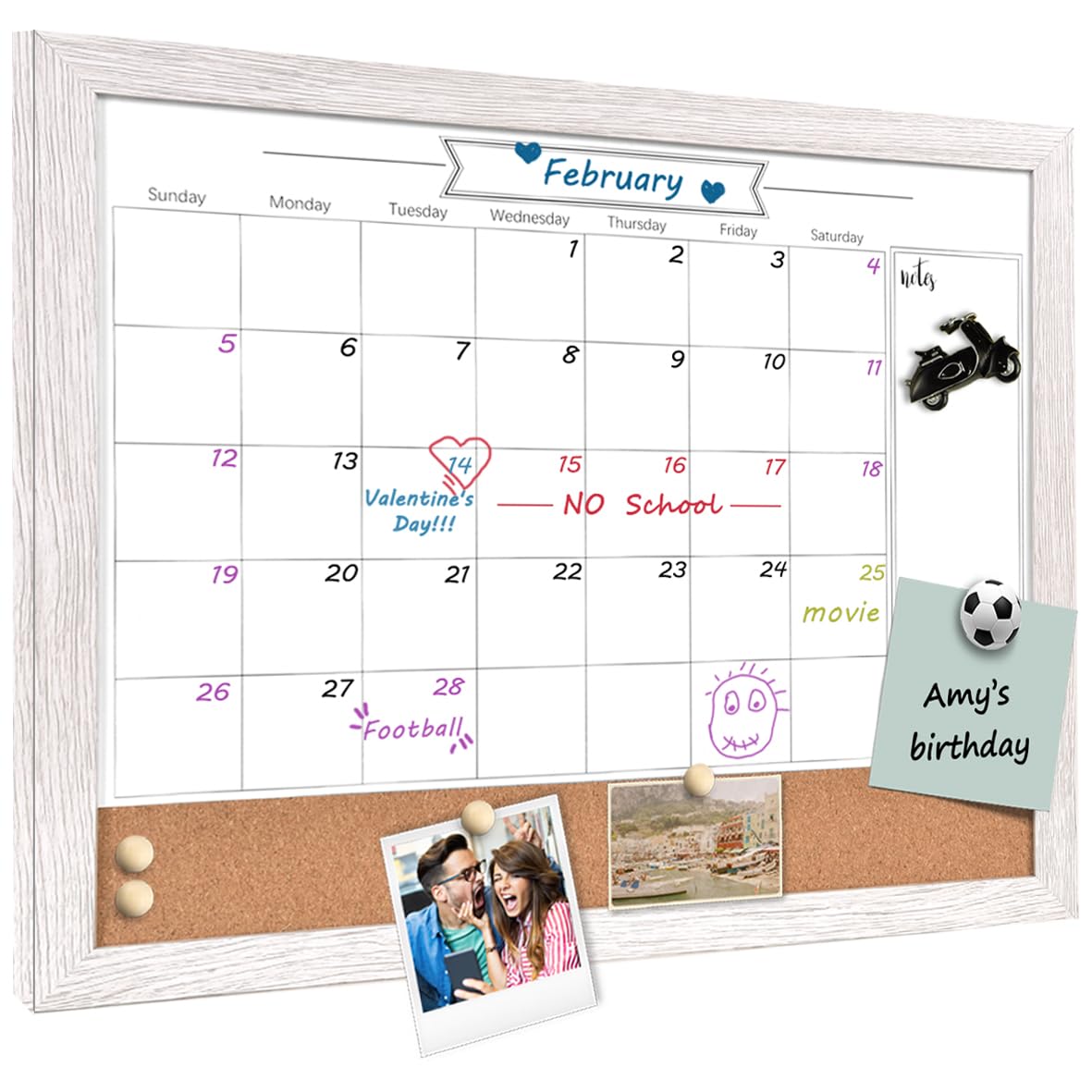 TORASO Whiteboard Calendar & Corkboard, Small Combination Dry Erase White Board & Bulletin Board, 13" x 17", White Wood Framed Calendar/Cork Combo Board(ZHYL-WH-3343)