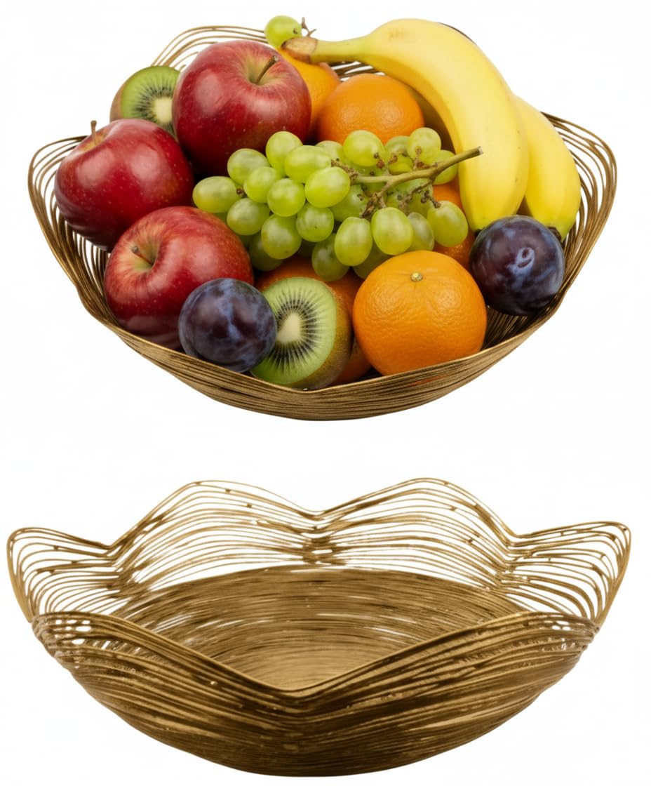 Mela Artisans 12 in Wide x 6 in Tall Gurez Valley Gold Metal Fruit Basket – Decorative Gold Wire Fruit Bowl for Kitchen Counter, Snacks, Flowers and Home Decor