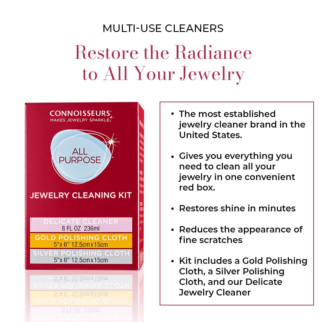 Connoisseurs All-Purpose Jewellery Cleaning Kit | Jewellery Cleaner with Gold & Silver Polishing Cloth | Silver Cleaning Cloth & Gold Polishing Cloth with Liquid Cleaning Solution for Precious Stones