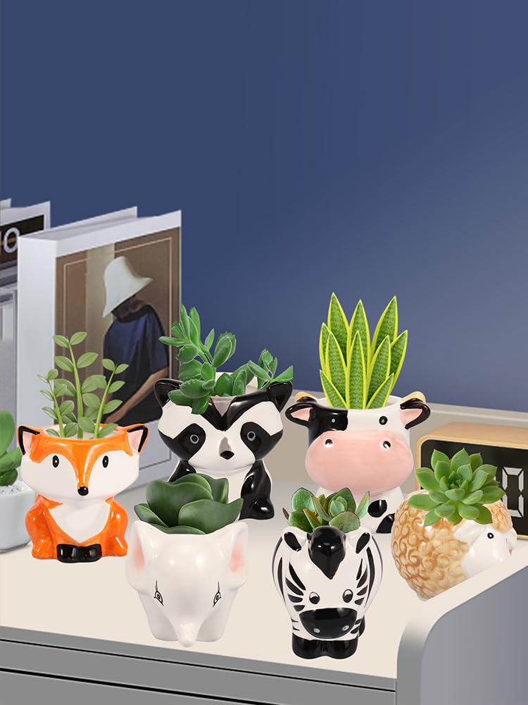 KTZCTPCA 6Pcs Animal Ceramics Planter, 3" Cartoon Ceramic Succulent Pots with Drain Holes and Bamboo Tray, Ceramics Planter Cute Animal Ceramic Succulent Pots Flower Container for Succulents, Herbs