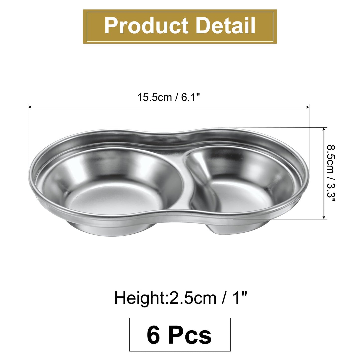 uxcell 6 Pack Stainless Steel Dish Dipping Bowls with 2 Round Compartment Divided, Metal Seasoning Plate Dipping Bowl for Condiment Home Party Restaurant Picnic Travel, Silver