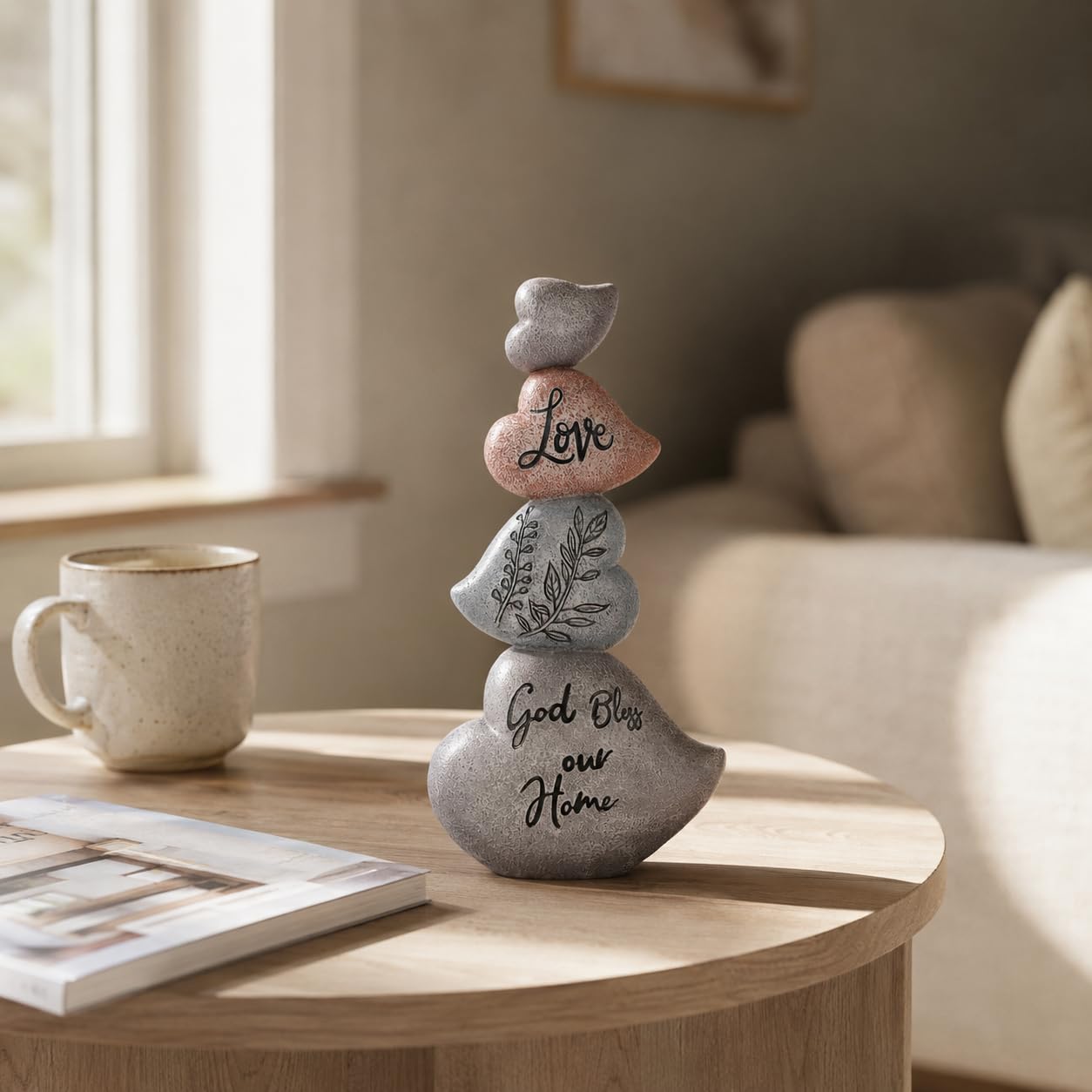 WUBIANJIE Cairn Rock Sculpture Stacked Ornament Decor, Resin Rock Decor for Fish Tank, Terrarium or Shelf, Tabletop Zen Garden Statue, God Bless Our Home Accent
