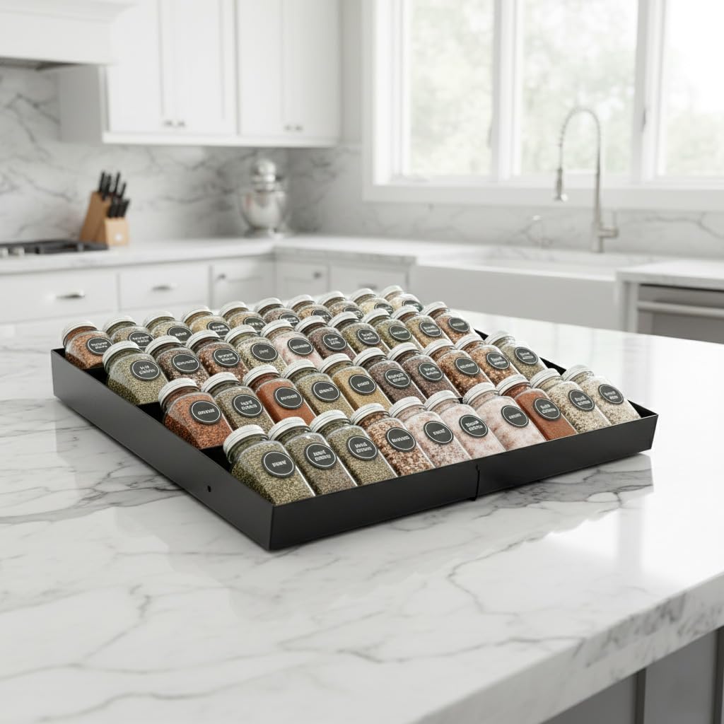 GOENDR Metal Spice Drawer Organizer, 4-Tier Spice Rack for Drawer, Expandable Seasoning Organizer Fits 11.4-22.8” Wide Drawer, Holds up to 48 Spice Jars (Not Included), Black