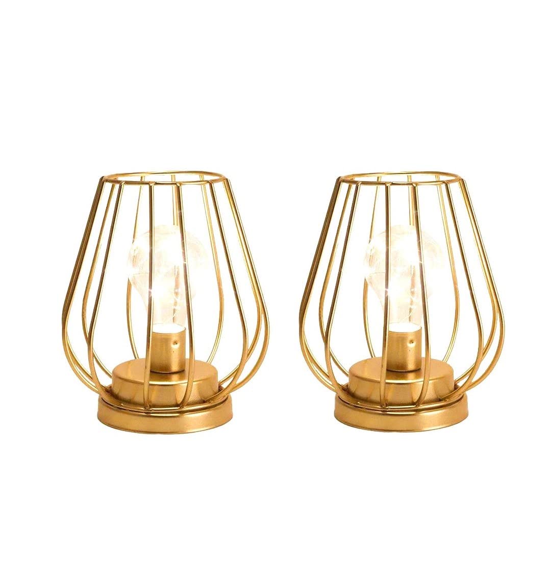 TRIROCKS Set of 2 Metal Battery Operated Lamp 7'' Tall Mini Cage Shape Cordless Table Lamp Battery Lanterns with Warm Fairy Lights Bulb for Patio Garden Wedding Parties Indoor Outdoor(Gold)
