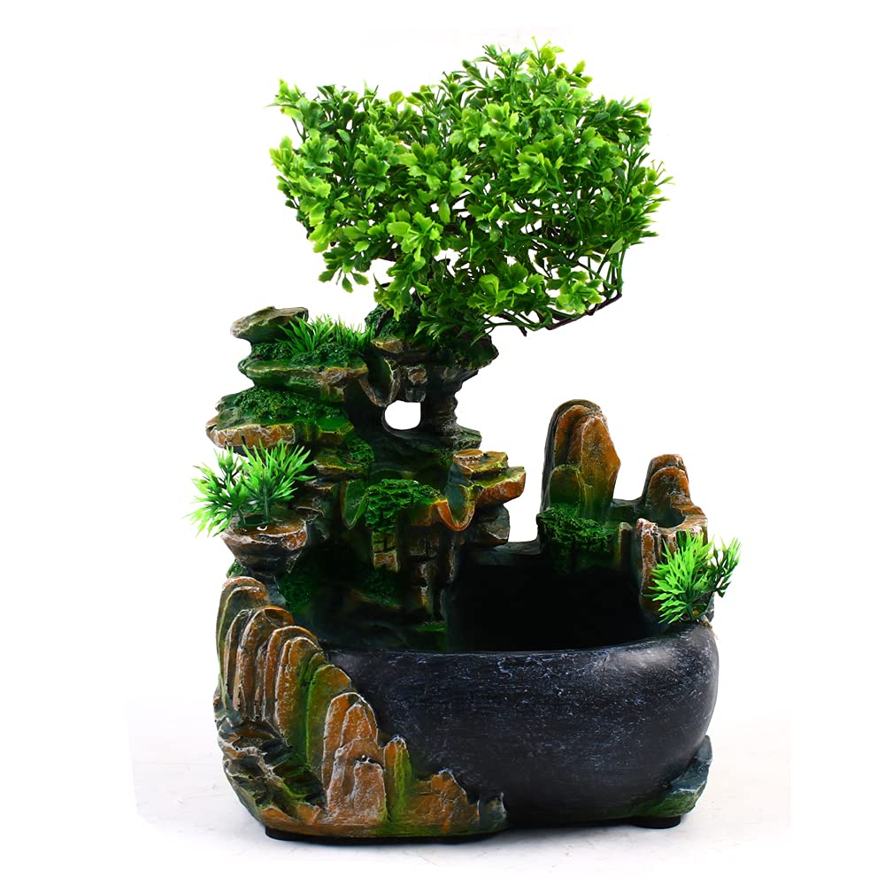 Desktop Fountain Waterfall with Light Rockery Fountain Zen Meditation Plants Stones LED Lamp Indoor Feature with Automatic Pump Relaxation Resin Planter for Office Decoration