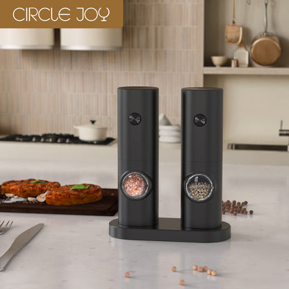 CIRCLE JOY Electric Salt and Pepper Grinder Set, Battery Operated Pepper Mill Grinder with Base, Adjustable Coarseness and Automatic Single Hand Operation, Black