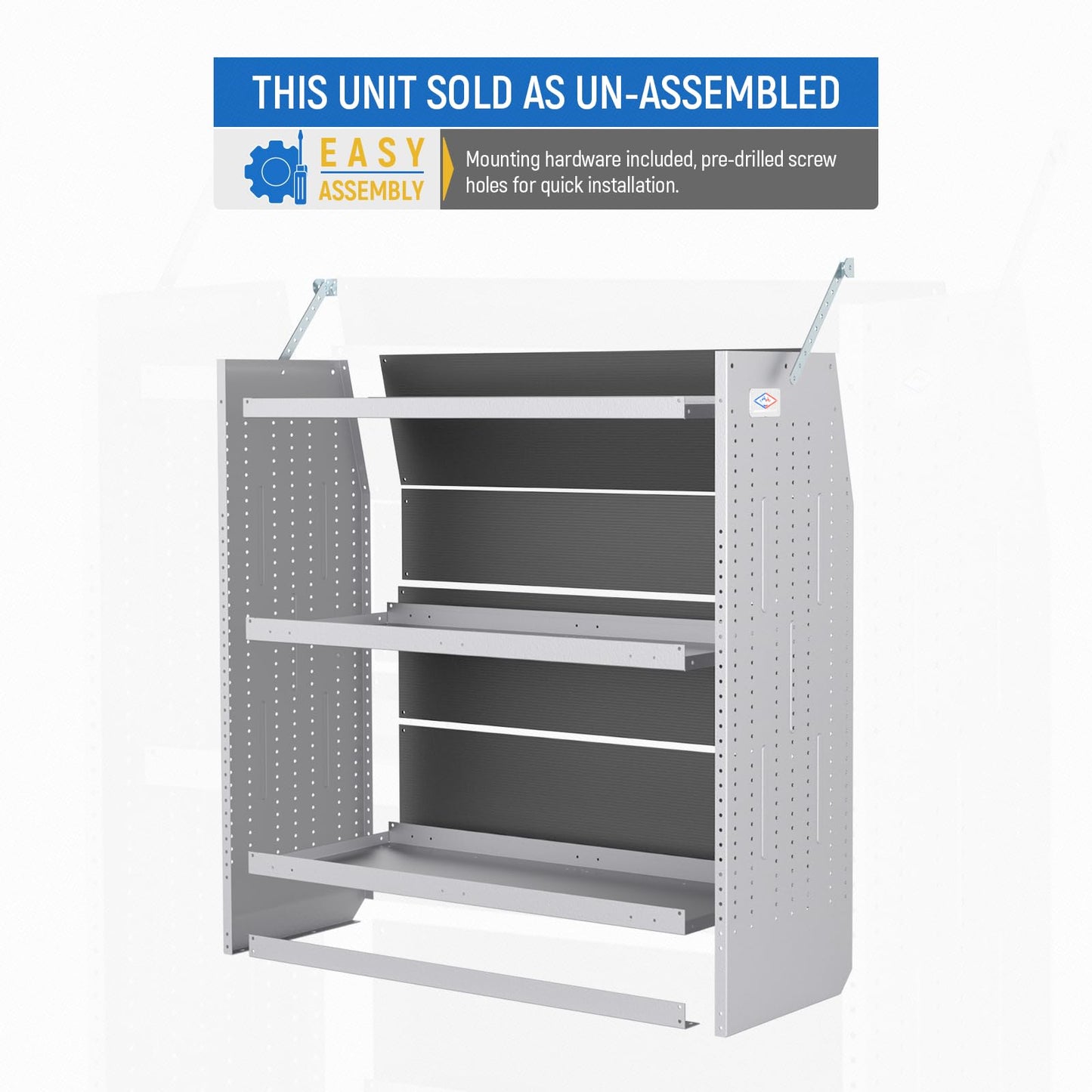 AA Products Model SH-4604-T3 Steel Low/Mid/High Roof Van Shelving Storage System Fits Transit, GM, NV, Promaster, Sprinter and Metris, Contoured Shelving Unit, 42" W x 46" H x 16" D