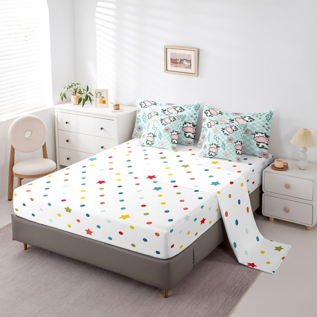 Erosebridal Kids Cartoon Cow Queen Comforter Set with Sheets | Lovely Animal 7 Piece Bedding Set Cute Pet Bed in a Bag, Buffalo Checked Backdrop Abstract Flowers Room Decor