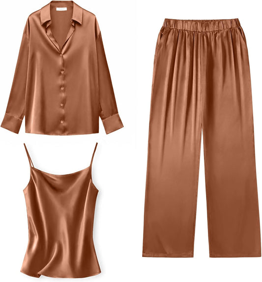 Ekouaer Silk Pajamas for Women Set Long Sleeve Button Down Lounge Set Soft 3 Piece Pj Sets Sexy Cami Top and Long Pants S-XXL