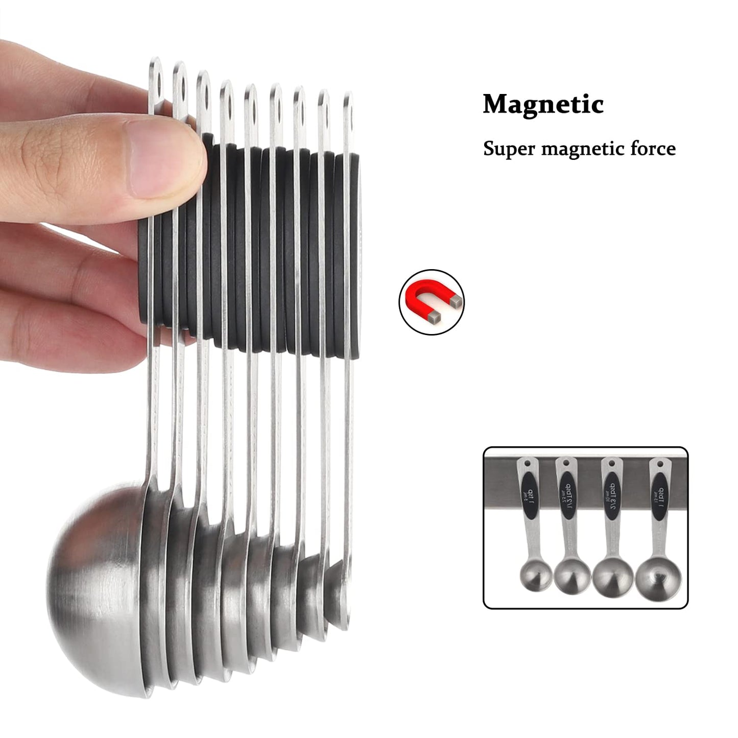 Magnetic Measuring Spoons Set of 9 Stainless Steel Stackable Measuring Spoons Heavy Duty Nesting Teaspoons Tablespoons for Measuring Dry and Liquid Ingredients