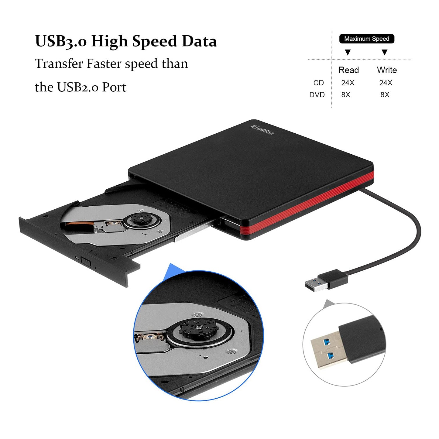 Rioddas External CD Drive, USB 3.0 Portable CD/DVD +/-RW Drive Slim DVD/CD ROM Rewriter Burner for Laptop Desktop PC Windows and Linux OS Apple Mac Macbook Pro