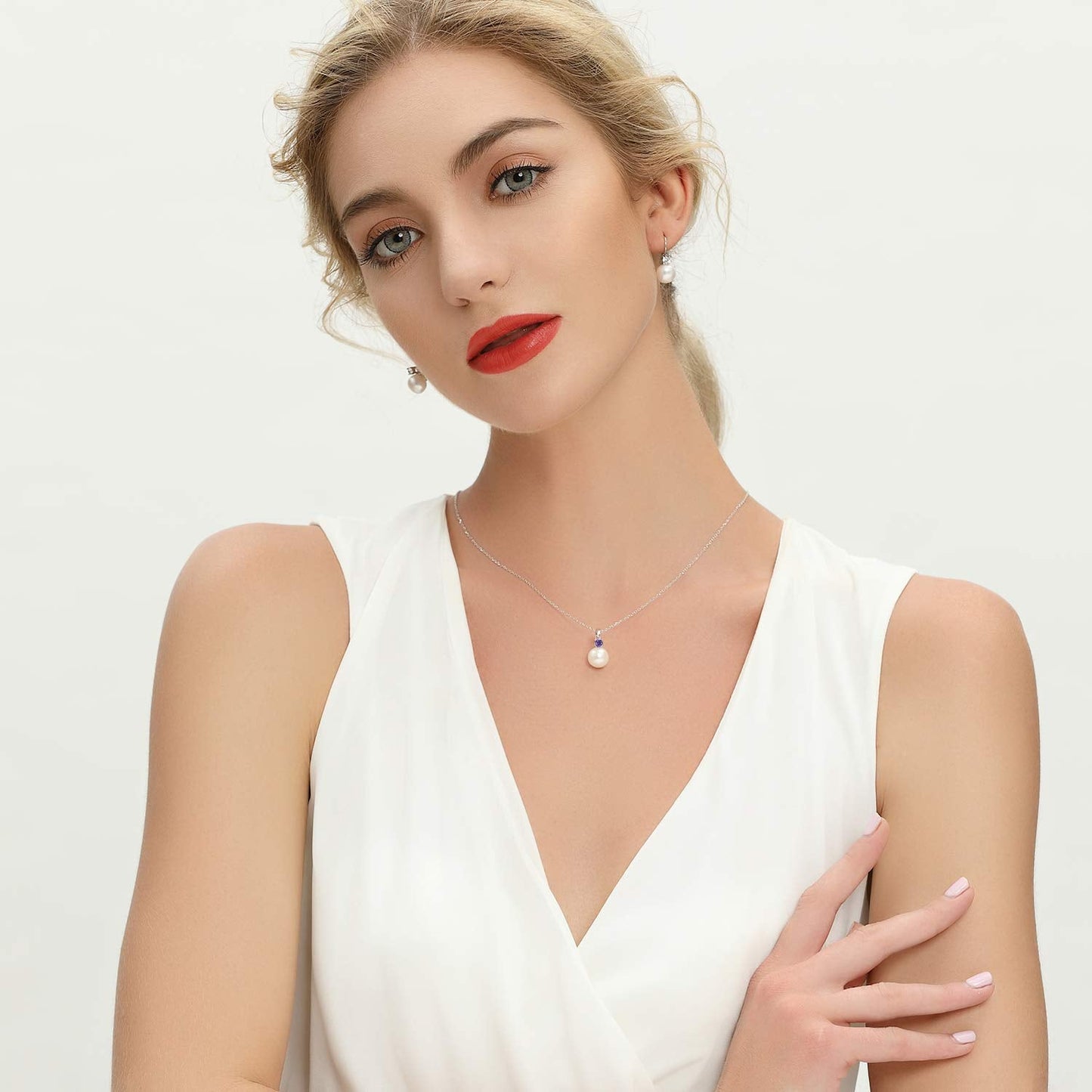 JO WISDOM Women Necklace,925 Sterling Silver Cubic Zirconia 10mm White Freshwater Pearl Pendant Necklace,February Birthstone Amethyst Color