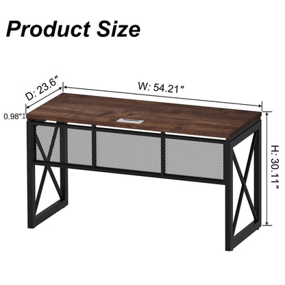 BON AUGURE Farmhouse Computer Desk, Modern Industrial Home Office Desks, Wood Metal Study Writing Table, Sturdy Gaming Desk (Rustic Oak, 54 Inch)