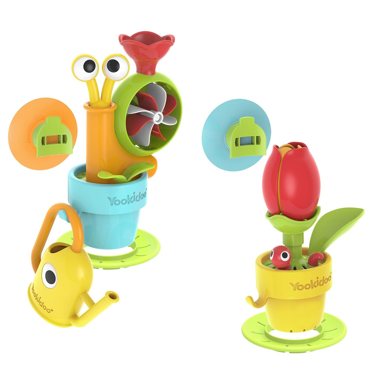 Yookidoo Toddler Baby Bath Toy (Ages 1-3) Garden Adventure Set Bundle: Snail & Flower with Watering Can (Mold Free) Attach to Any Tub, Shower Fun for Bath Time - Great for Boys , Girls , & Kids