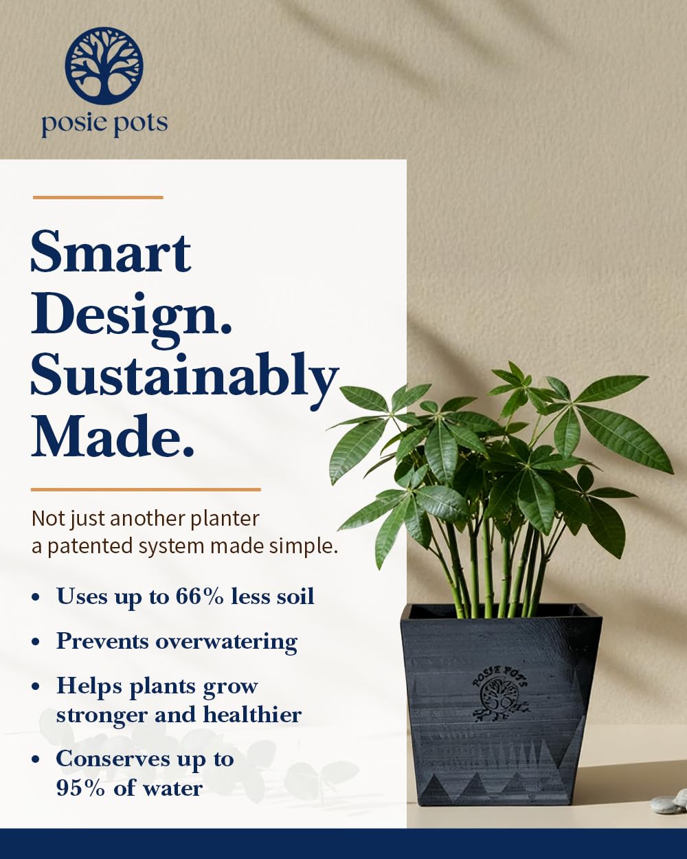 POSIE3DPRINTS Posie Pot Medium Twisted Square - Self Watering Planter 5x5 Inch - Indoor Plant Pot with 30 Day Reservoir - 3D Printed Bioplastic - No Guilt Plant Care - Made in USA, Black