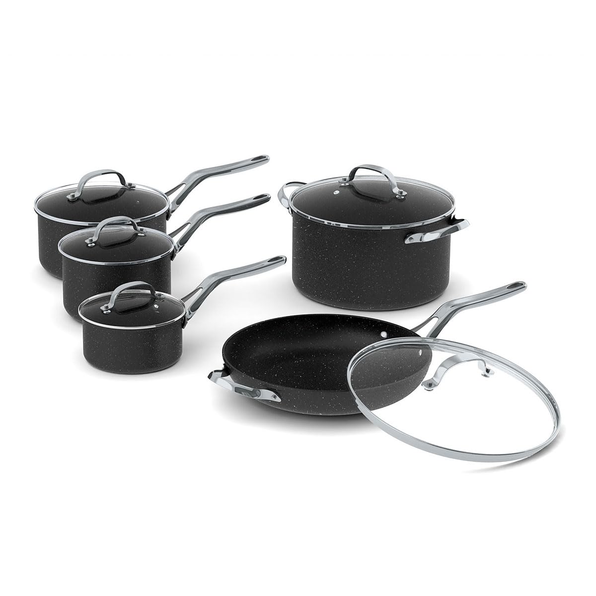 Starfrit The Rock 10PC Non-Stick Cookware Set - Durable Forged Aluminum - Oven Safe - PFOA Free - Easy to Clean - Black