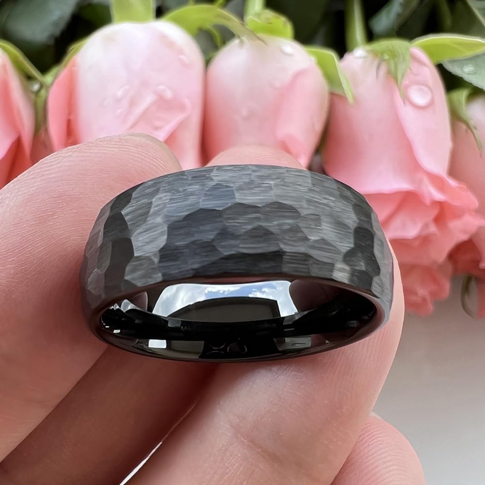 TUTISS 8mm Black Hammered Tungsten Rings for Men Women Fashion Engagement Wedding Bands Domed Matte Finish Comfort Fit Size 9