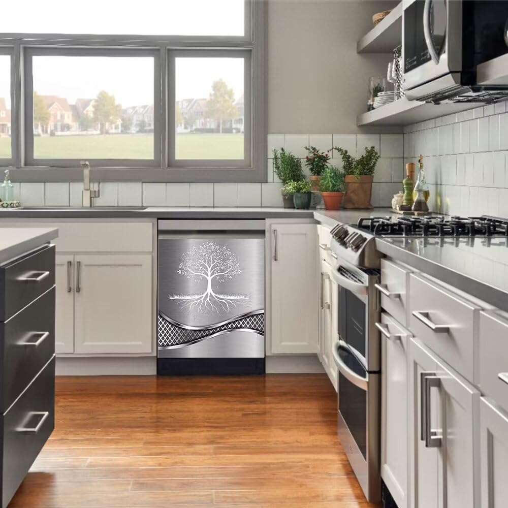 Imitation Stainless Steel Design Tree Painting Dishwasher Magnetic Cover Sticker Refrigerator Door Panel Fridge Appliance Magnet Decal Sheet Kitchen Decor 23x26 inch